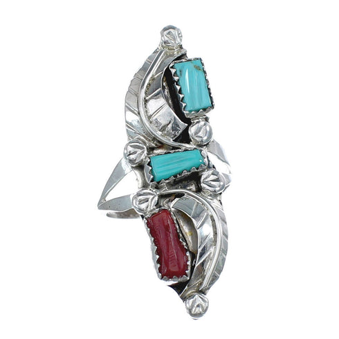 Sterling Silver Zuni Turquoise Coral Leaf Design Ring Size 8-1/4 AX125807