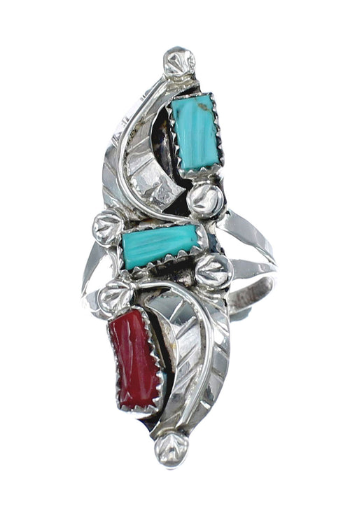 Sterling Silver Zuni Turquoise Coral Leaf Design Ring Size 8-1/4 AX125807