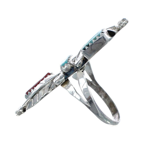 Sterling Silver Zuni Turquoise Coral Leaf Design Ring Size 8-1/4 AX125807