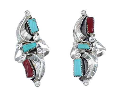 Sterling Silver Zuni Turquoise Coral Leaf Design Ring Size 8-1/4 AX125807
