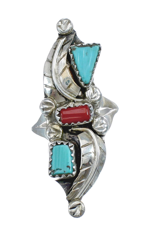 Native American Zuni Turquoise And Coral Leaf Ring Size 6-3/4 AX125810