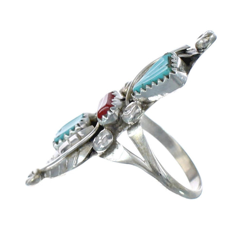Native American Zuni Turquoise And Coral Leaf Ring Size 8-1/4 AX125812