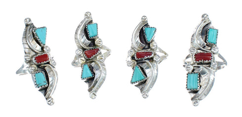 Native American Zuni Turquoise And Coral Leaf Ring Size 6-3/4 AX125810