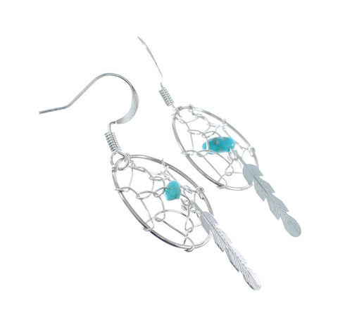 Turquoise Genuine Sterling Silver Navajo Dream Catcher Feather Hook Dangle Earrings AX125963