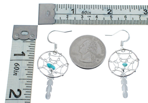 Turquoise Genuine Sterling Silver Navajo Dream Catcher Feather Hook Dangle Earrings AX125963