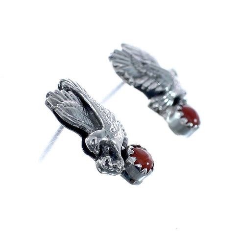 Native American Coral Sterling Silver Eagle Post Dangle Earrings AX125985