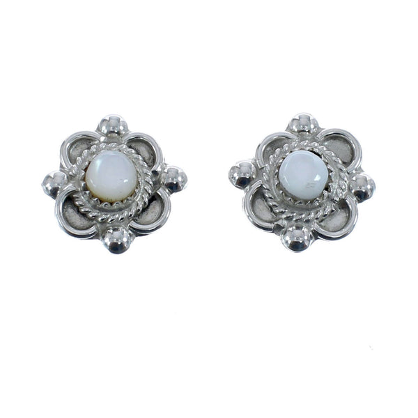 Native American Sterling Silver White Mother of Pearl Flower Post Stud Earrings AX126011