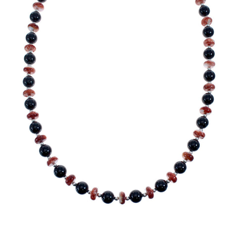 Native American Sterling Silver Onyx And Oyster Shell Bead Necklace AX126053