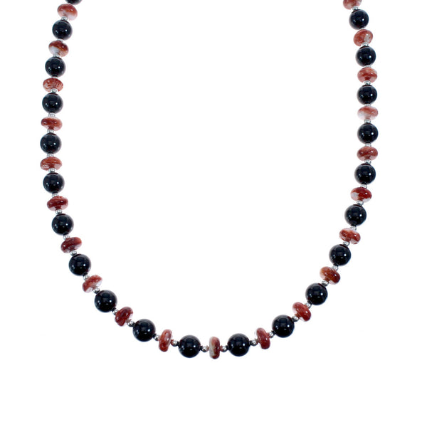 Native American Sterling Silver Onyx And Oyster Shell Bead Necklace AX126053