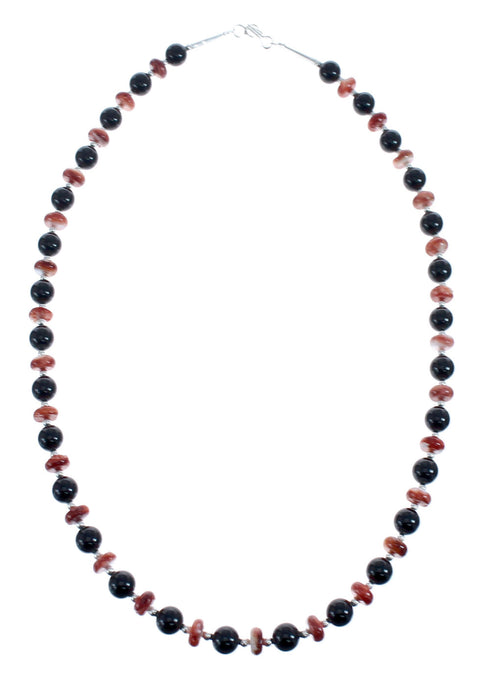 Native American Sterling Silver Onyx And Oyster Shell Bead Necklace AX126053