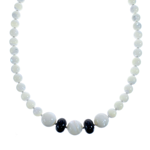 Native American Mother of Pearl Onyx Bead Sterling Silver Necklace AX126067