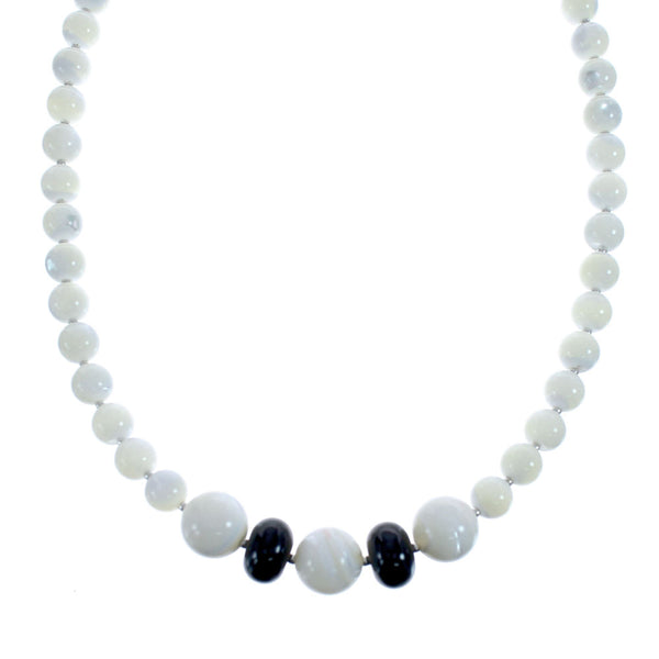 Native American Mother of Pearl Onyx Bead Sterling Silver Necklace AX126067
