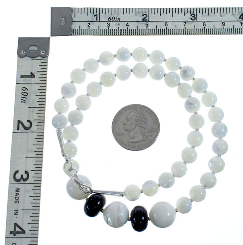 Native American Mother of Pearl Onyx Bead Sterling Silver Necklace AX126067