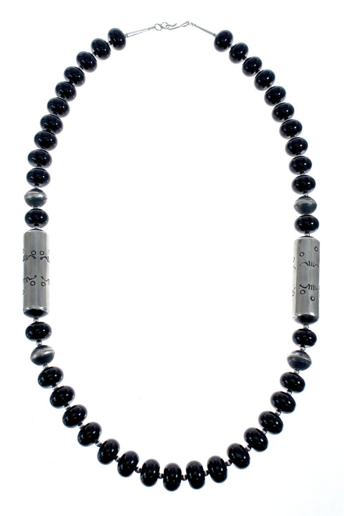 Navajo Old Pawn Style Sterling Silver And Onyx Bead Necklace AX126081
