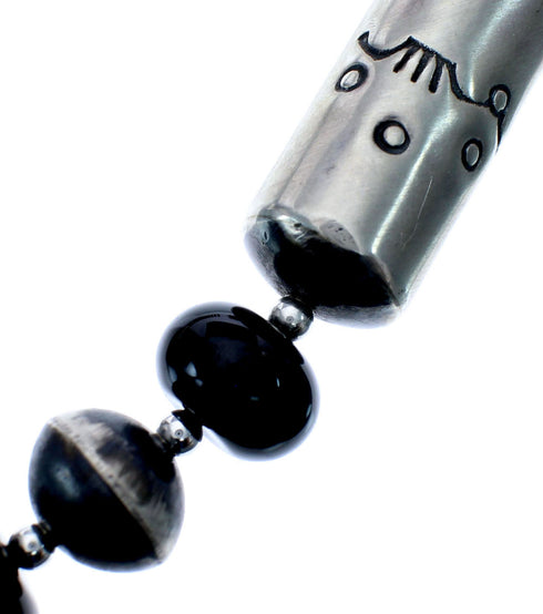 Navajo Old Pawn Style Sterling Silver And Onyx Bead Necklace AX126081