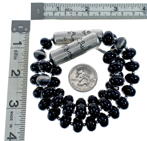 Navajo Old Pawn Style Sterling Silver And Onyx Bead Necklace AX126081