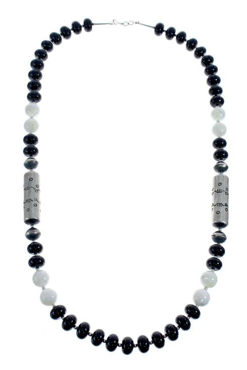 Navajo Mother of Pearl And Onyx Old Pawn Style Sterling Silver Bead Necklace AX126082