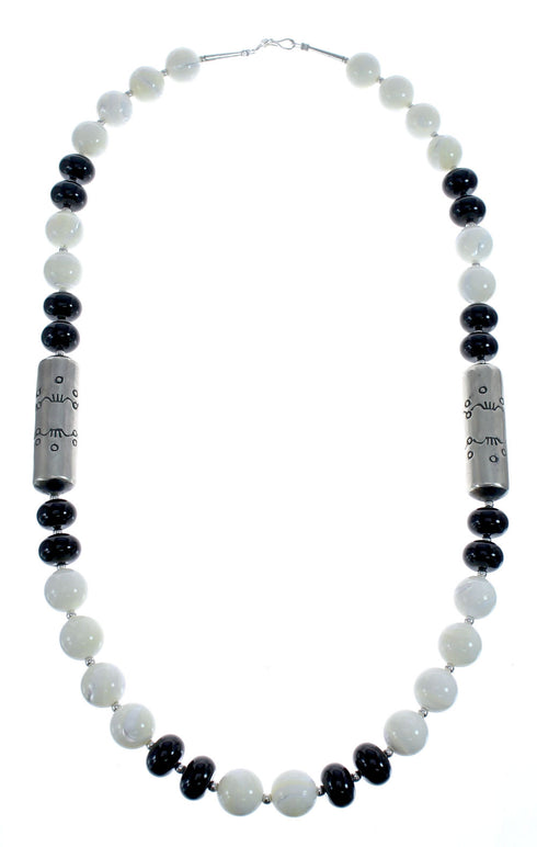 Navajo Mother of Pearl And Onyx Old Pawn Style Sterling Silver Bead Necklace AX126083