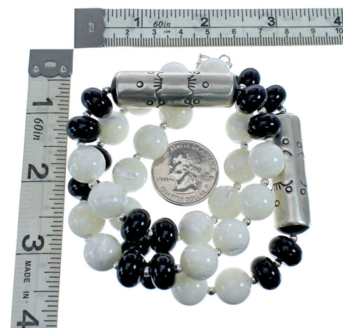 Navajo Mother of Pearl And Onyx Old Pawn Style Sterling Silver Bead Necklace AX126083