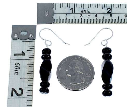 Native American Sterling Silver Onyx Bead Hook Dangle Earrings AX126032