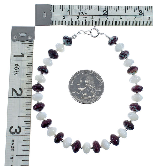 Genuine Sterling Silver Mother of Pearl And Agate Navajo Bead Bracelet AX126040