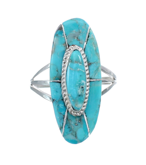 Navajo Turquoise Inlay Sterling Silver Ring Size 7-3/4 AX126123