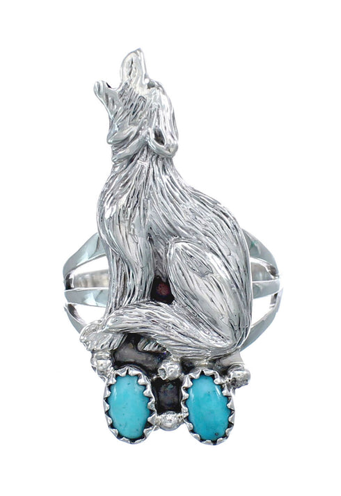 Navajo Wolf Sterling Silver Turquoise Ring Size 7-3/4 AX126410