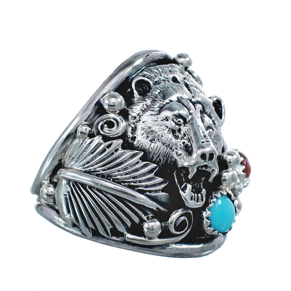 Navajo Indian Sterling Silver Coral And Turquoise Bear Ring Size 13-3/4 AX126498