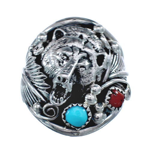 Navajo Indian Sterling Silver Coral And Turquoise Bear Ring Size 13 AX126495