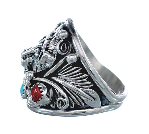 Navajo Indian Sterling Silver Coral And Turquoise Bear Ring Size 13 AX126495