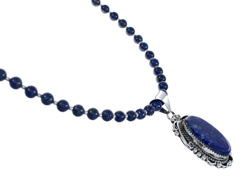 Sterling Silver And Lapis Navajo Bead Pendant Necklace Set JX127008