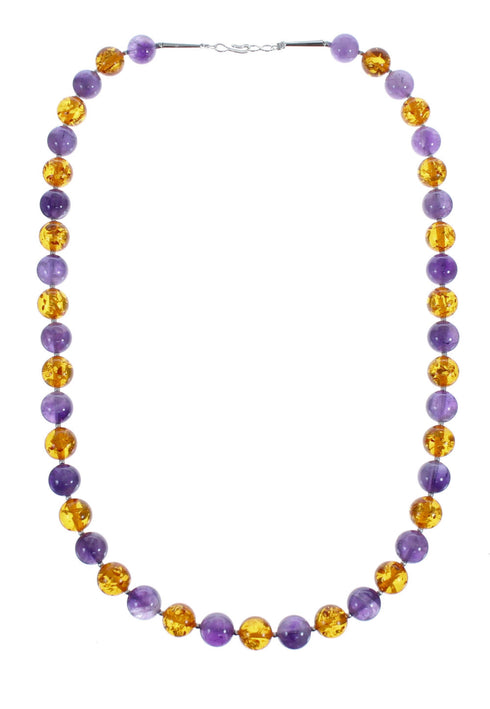 Native American Amber And Amethyst Sterling Silver Bead Necklace JX127002