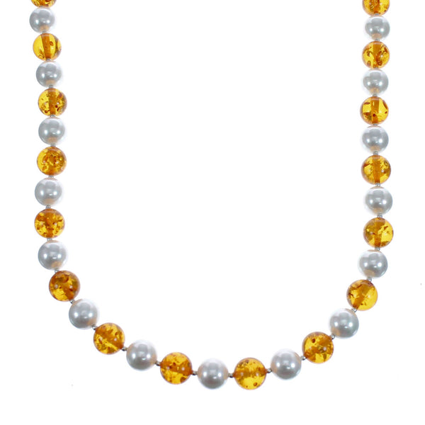 Native American Amber And Mother of Pearl Sterling Silver Bead Necklace JX126997