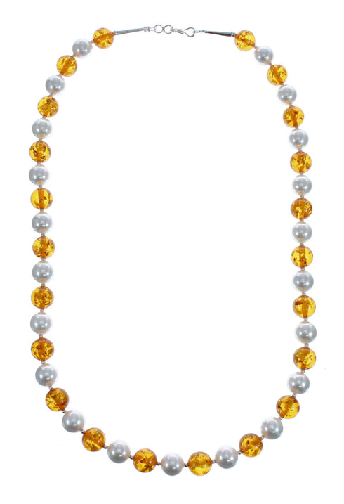 Native American Amber And Mother of Pearl Sterling Silver Bead Necklace JX126998