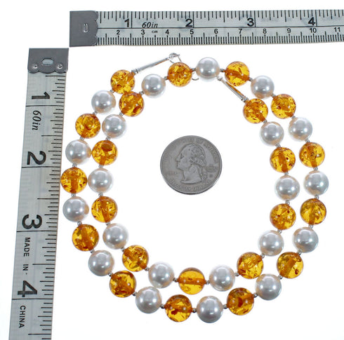 Native American Amber And Mother of Pearl Sterling Silver Bead Necklace JX126998