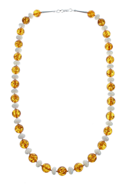 Native American Amber And Mother of Pearl Sterling Silver Bead Necklace JX127001