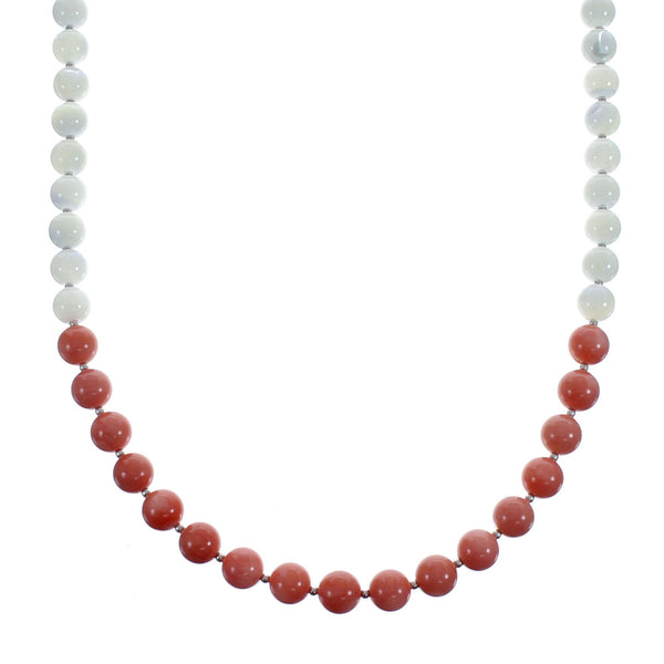 Sterling Silver Pink Coral and Mother of Pearl Bead Necklace JX127011
