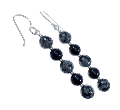 Native American Onyx And Agate Sterling Silver Bead Hook Dangle Earrings JX127014