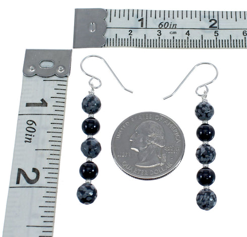 Native American Onyx And Agate Sterling Silver Bead Hook Dangle Earrings JX127014