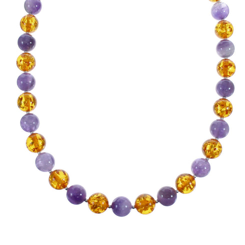 Amber And Amethyst Sterling Silver Bead Necklace JX126877