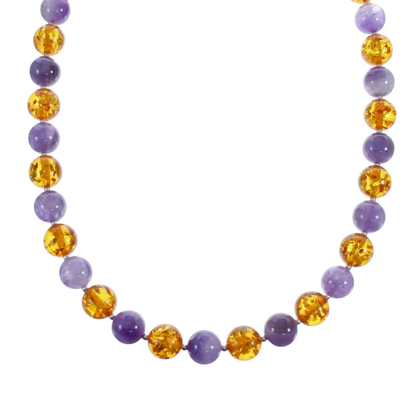 Amber And Amethyst Sterling Silver Bead Necklace JX126877