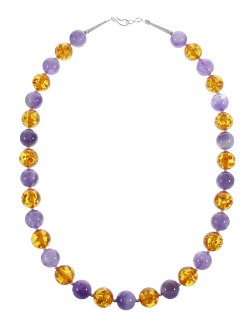 Amber And Amethyst Sterling Silver Bead Necklace JX126877