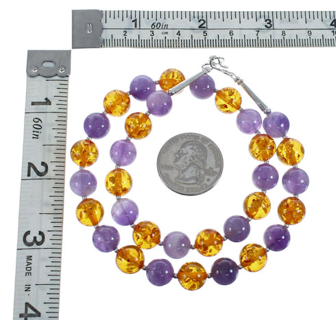 Amber And Amethyst Sterling Silver Bead Necklace JX126877