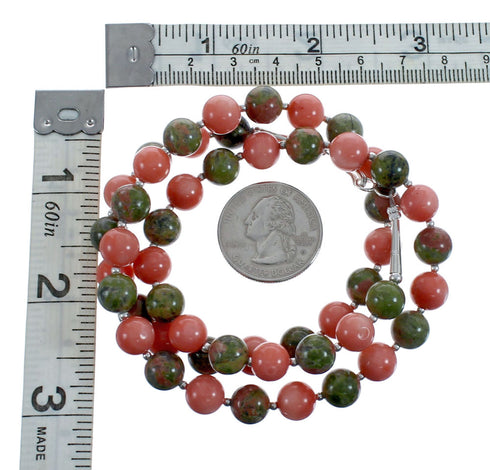 Native American Unakite and Coral Bead Sterling Silver Necklace JX126860
