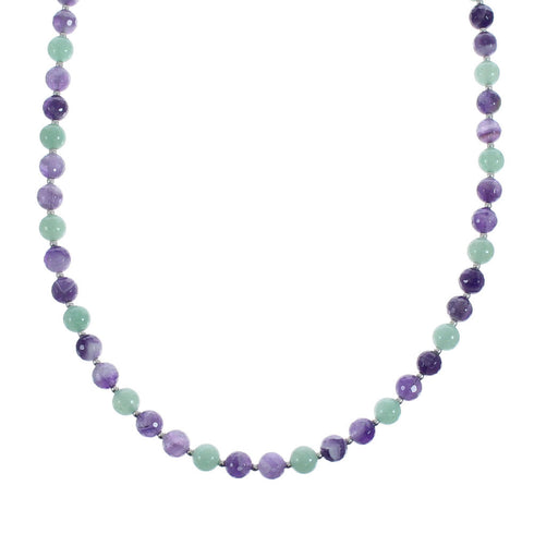 Native American Green Agate and Amethyst Sterling Silver Bead Necklace JX126873