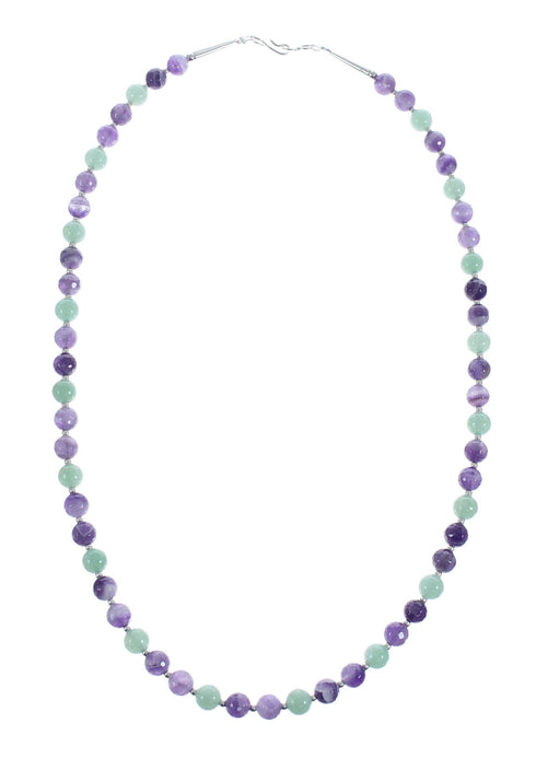 Native American Green Agate and Amethyst Sterling Silver Bead Necklace JX126873