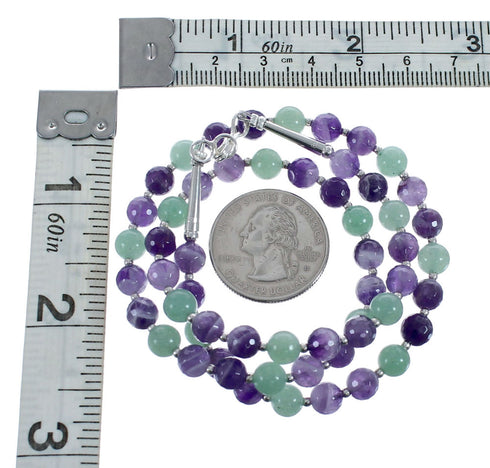 Native American Green Agate and Amethyst Sterling Silver Bead Necklace JX126873