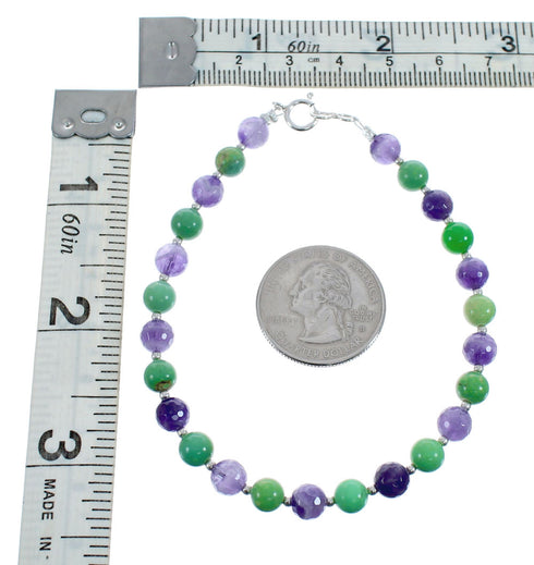 Native American Amethyst and Jade Sterling Silver Bead Bracelet JX126887