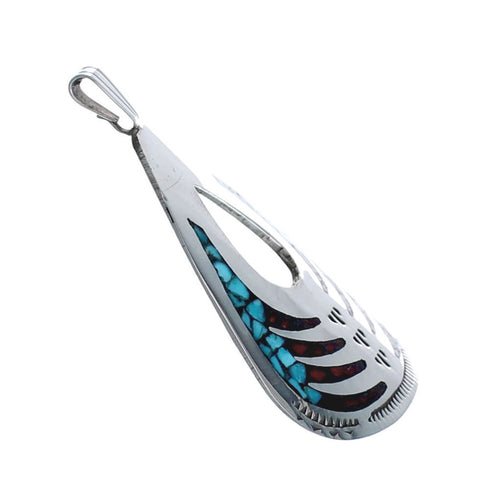 Turquoise and Coral Inlay Genuine Sterling Silver Navajo Pendant JX126370