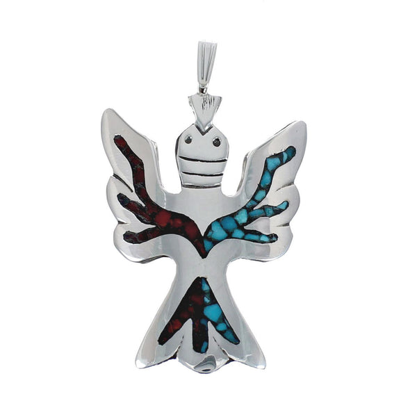 Turquoise and Coral Inlay Genuine Sterling Silver Navajo Thunderbird Pendant JX126382